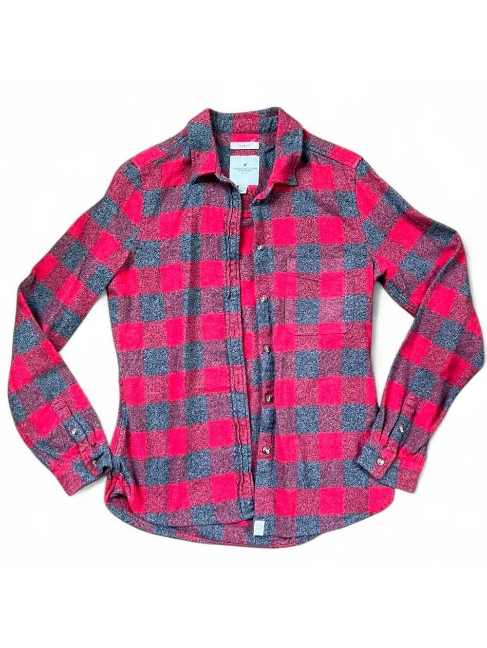 American Eagle red and gray plaid flannel shirt